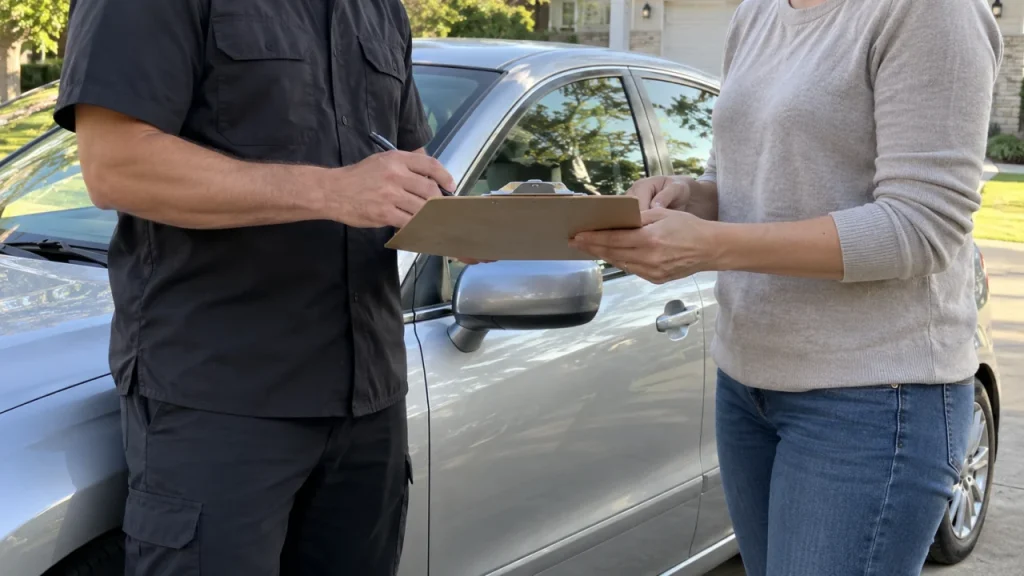 Automotive service consultation beside a parked car — generated illustration