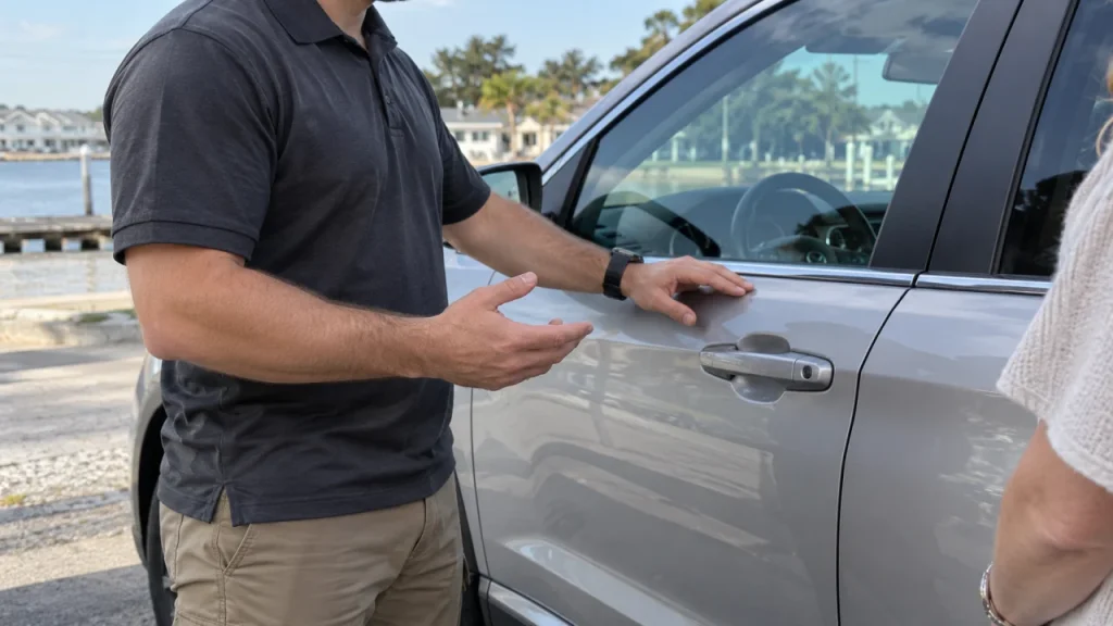 Mobile technician beside a locked vehicle — generated illustration
