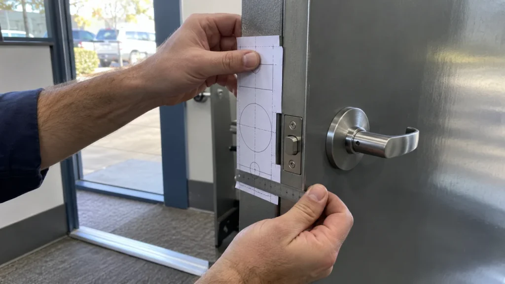 Technician checking a commercial door preparation template — generated illustration