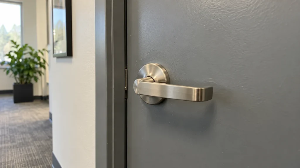 Installed commercial lever handle on an office door — generated illustration