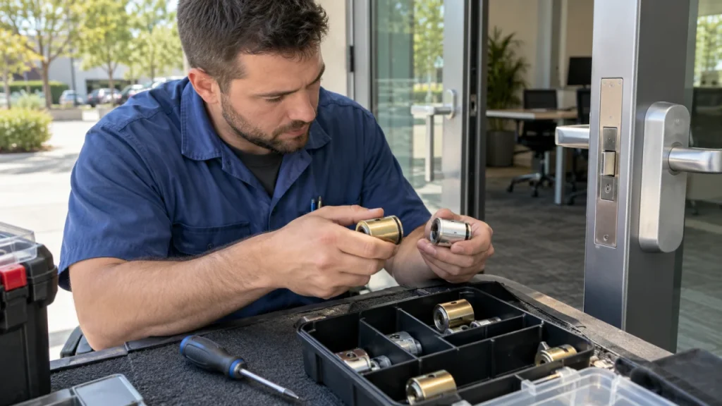 Technician checking commercial cylinder housings — generated illustration