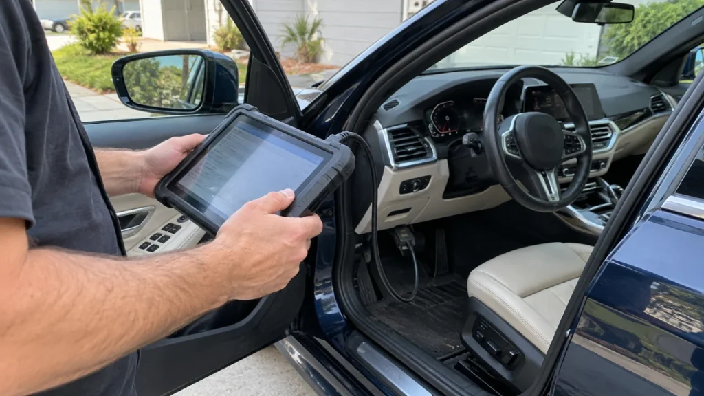 Automotive locksmith using a diagnostic tablet — generated service illustration