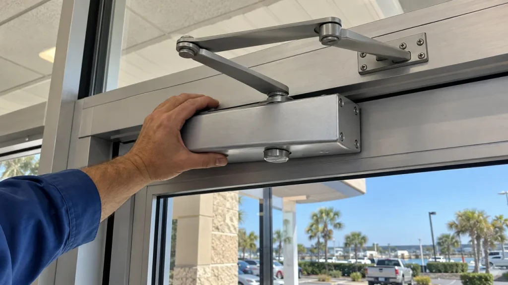 Commercial surface-mounted door closer — generated service illustration