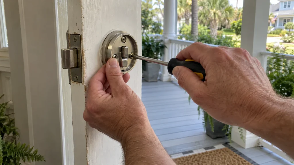 Residential deadbolt being fitted on a front door — generated service illustration