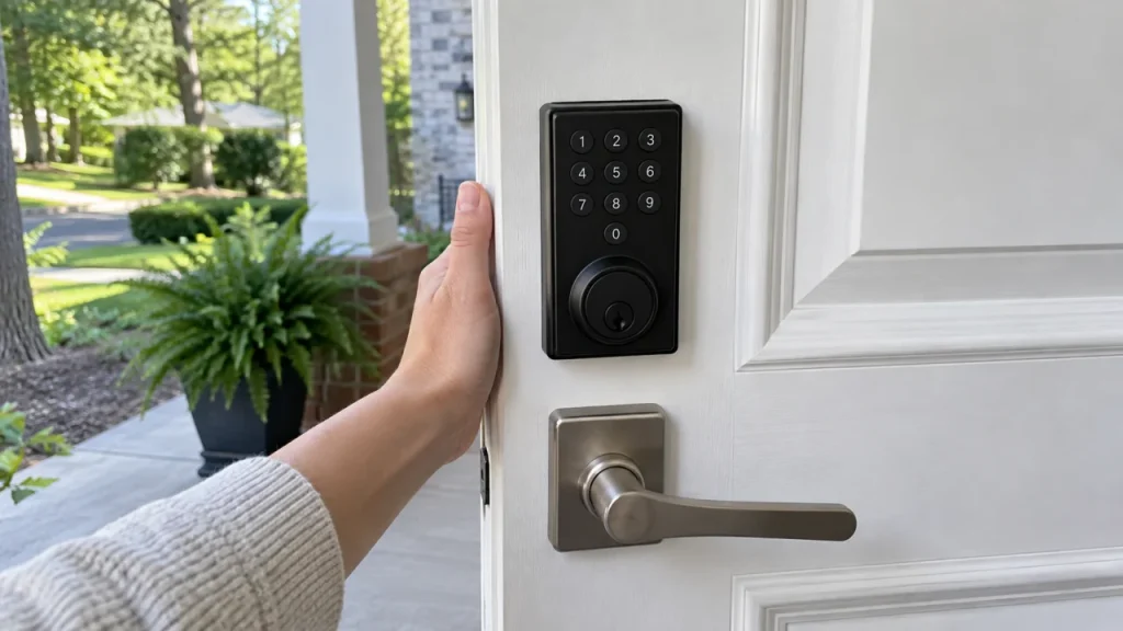 Keypad smart lock on a residential door — generated service illustration