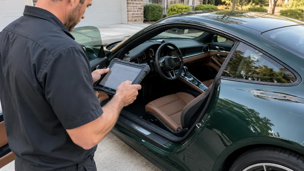 Technician with a diagnostic tablet beside a luxury car — generated illustration