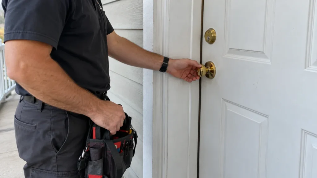 Residential technician at a closed entrance door — generated illustration