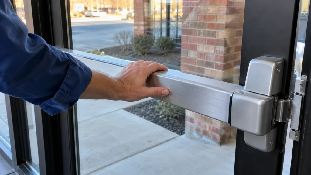 Technician testing a commercial exit push bar — generated illustration