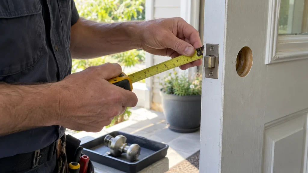 Technician measuring a residential door for new hardware — generated illustration