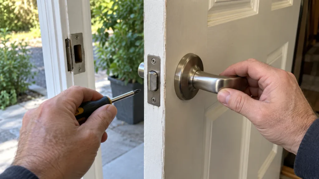 Technician checking a residential lever and door latch — generated illustration