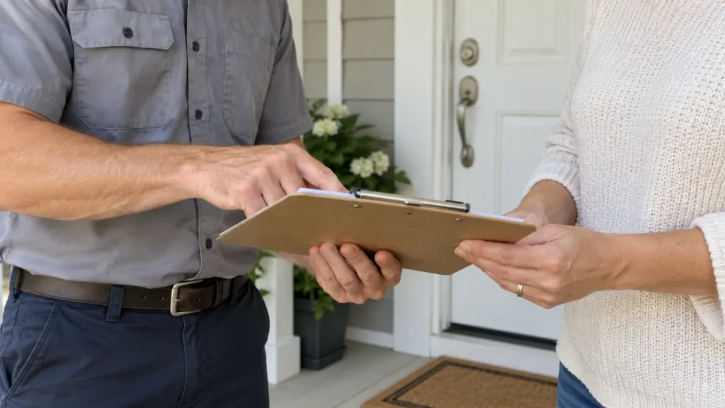 Homeowner and technician planning work at a front door — generated illustration
