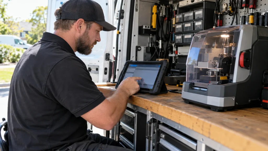 Automotive technician at a mobile diagnostic workbench — generated illustration