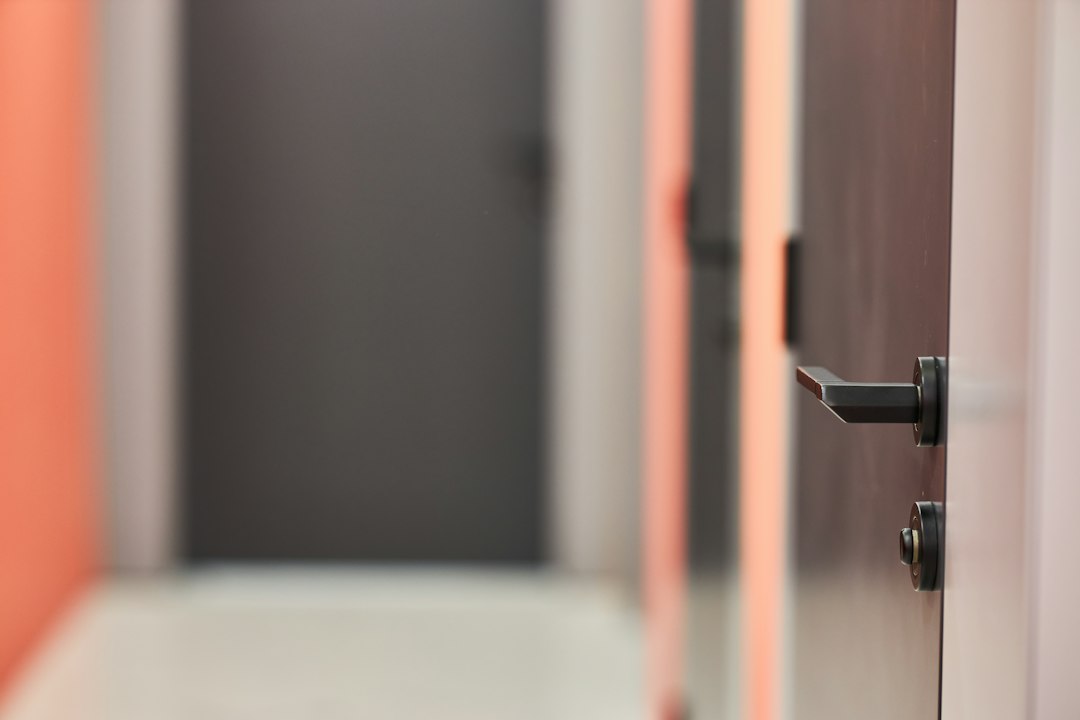 A real door lever and lock at an interior entrance.